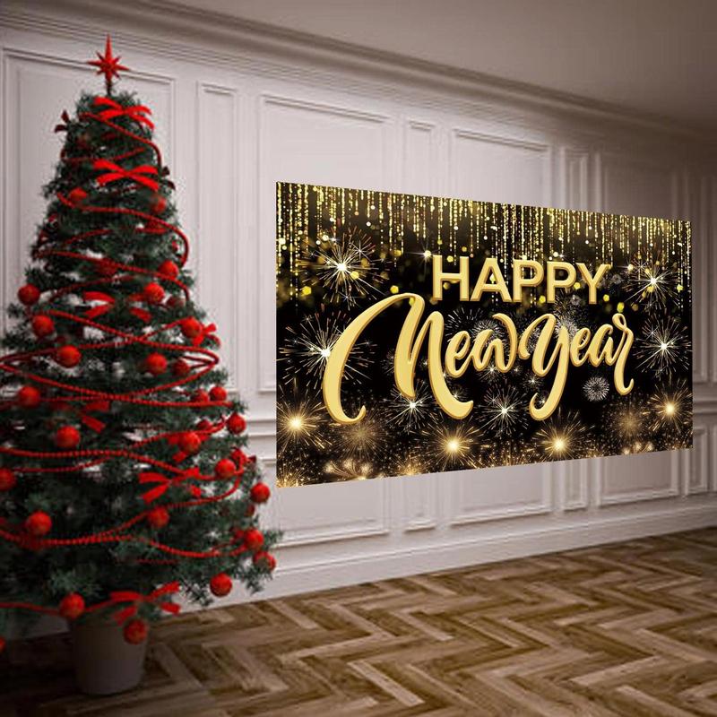 Happy New Year Hanging Extra Large Fabric Sign Poster Background Banner with Firework Pattern for New Year Party Decorations