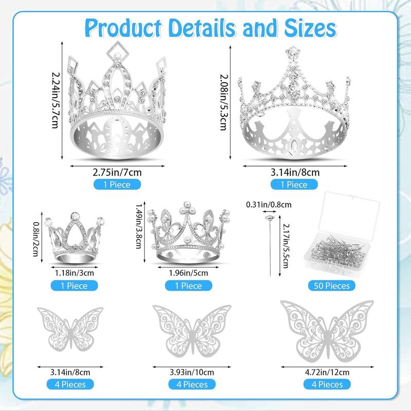 Flower Bouquet Accessories Including 4 Pcs Silver Crowns, 12 Pcs Butterfly Decorations and 50 Pcs Flower Pins for Flower Bouquets and Cake Topper Decoration