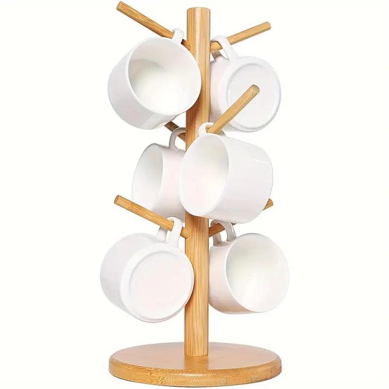 Bamboo Mug Holder Tree, 1 Count Coffee Cup and Tea Cup Organizer with 6 Hooks for Countertop, Stylish Coffee Bar Accessory