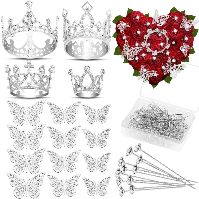 Flower Bouquet Accessories Including 4 Pcs Silver Crowns, 12 Pcs Butterfly Decorations and 50 Pcs Flower Pins for Flower Bouquets and Cake Topper Decoration