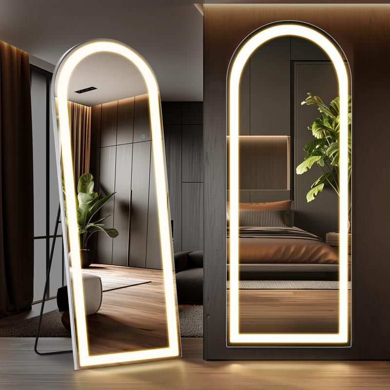 Sweet Furniture Plus Floor Mirror Stand Mirror Full Length with LED Lights, Floor Mirror Dimming & 3 Color Lighting, Large Mirror Full Length Aluminum Alloy Thin Frame for Bedroom, Dressing Room