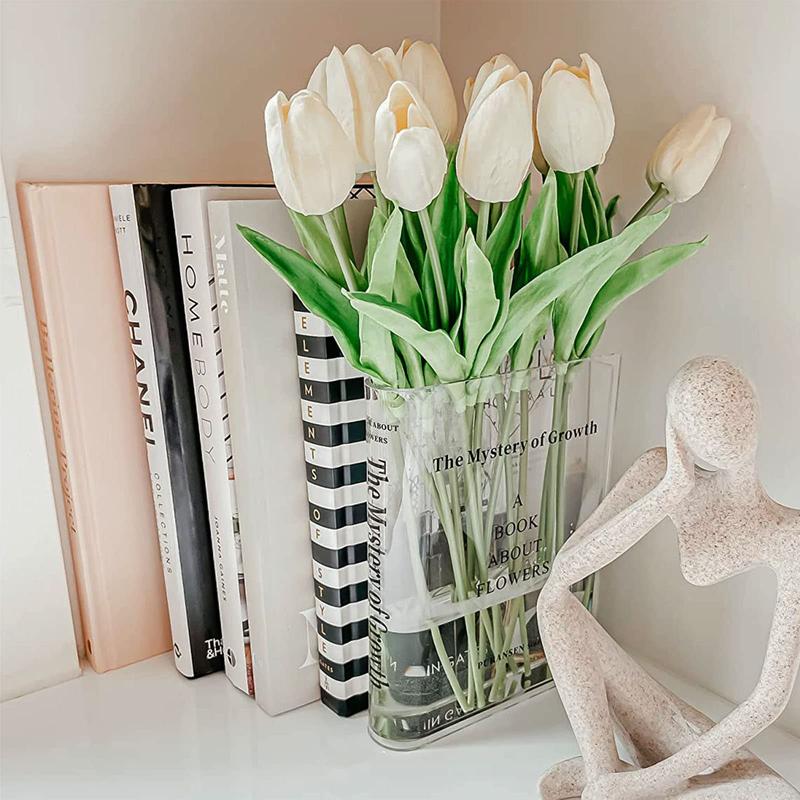 Bookend Vase for Flowers - Cute Bookshelf Decor; Unique Vase for Book Lovers, Artistic and Cultural Flavor Acrylic Vases for Home Office Decor, A Book about Flowers