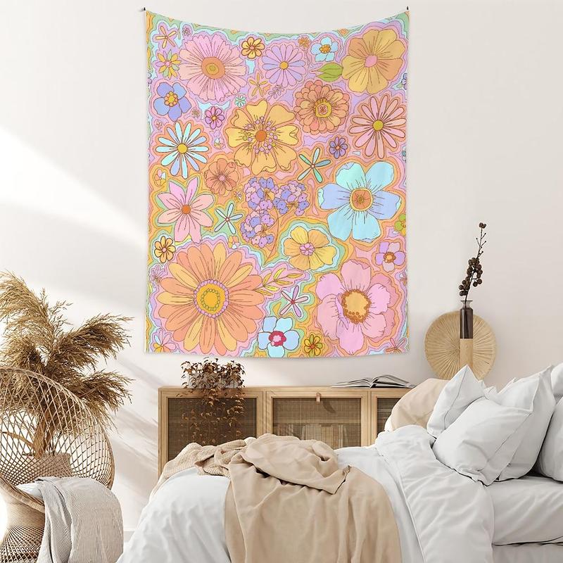 Floral Pattern Tapestry, Wall Hanging Tapestry, Cartoon Art Flower Decoration Background Cloth for Home Living Room Bedroom