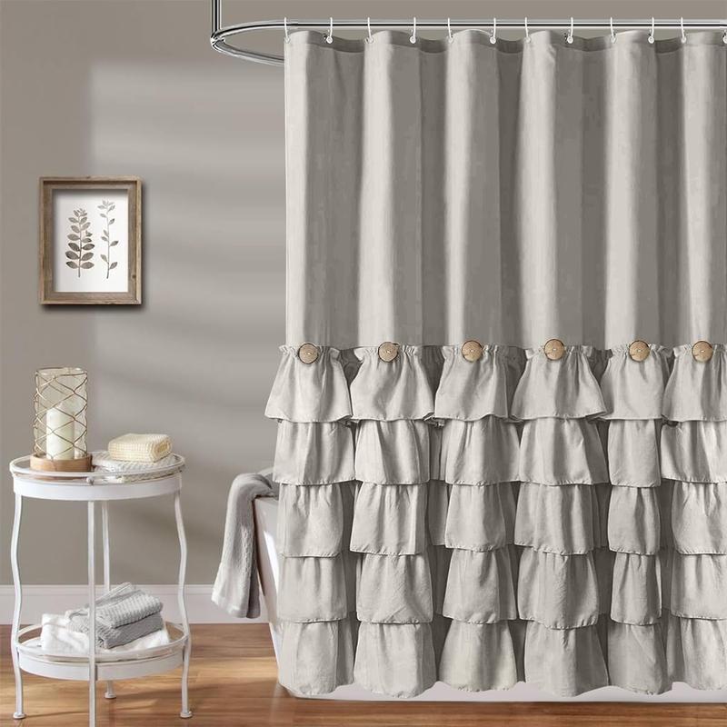 Solid Color Ruffle Trim Shower Curtain, Woven Layered Ruffle Design Shower Curtain with Natural Button Accents, Machine Washable Polyester Bath Curtain, Bathroom Decor, Bathroom Accessories