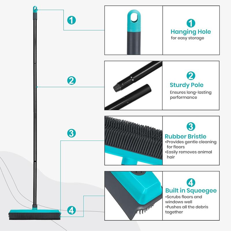 MAVRIZ Pet Hair Removal Broom Carpet Rake Rubber Broom with Squeegee Rug Rake to Fluff Carpet