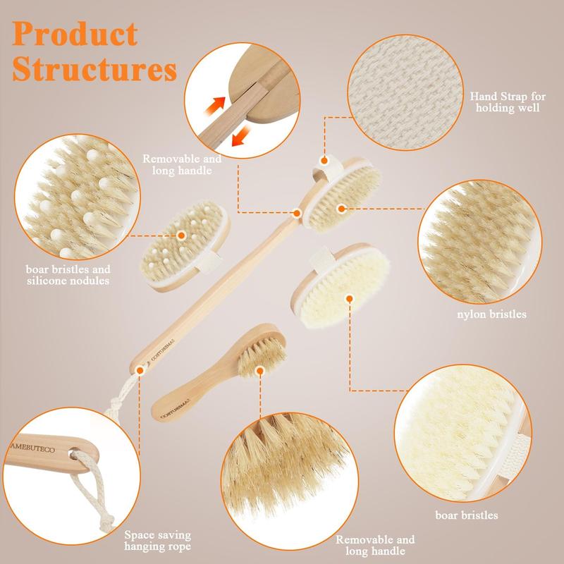 Long Handle Dry Brush Set with 3 Detachable Heads, Boar Bristle Exfoliator for Lymphatic Drainage and Cellulite, Shower Scrubber Brush.