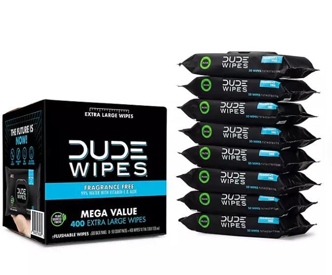 DUDE WIPES XL Flushable Wipes,Extra Large Fragrance Free Wipes 8 ct., 400 wipes Toilet Napkin