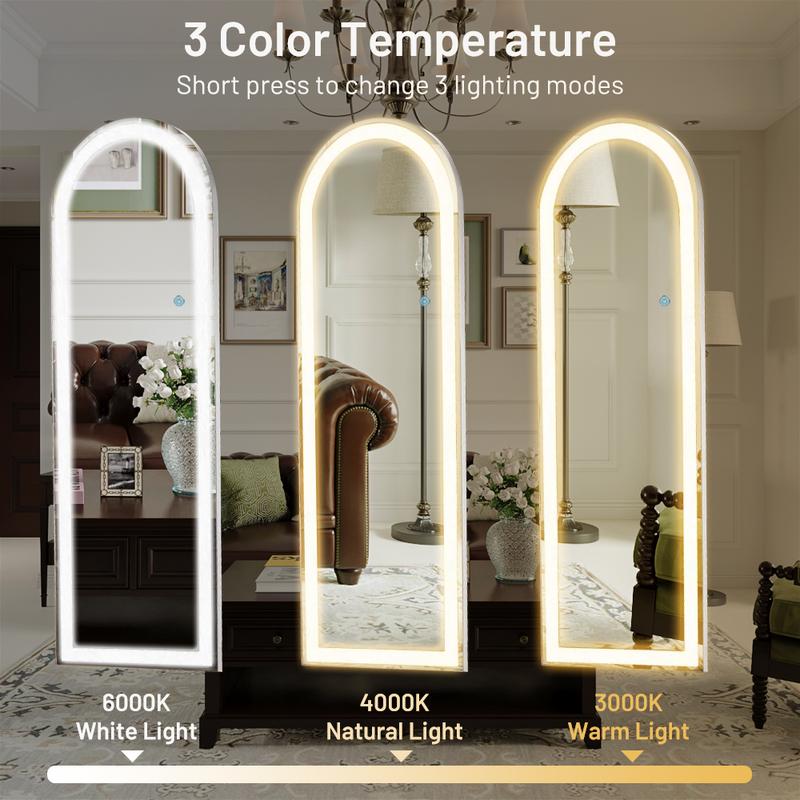 Mirror Full Length Standing with LED Lights, Lighted Floor Mirror, w Dimming & 3 Color Lighting, Wall Mirror Full Length Aluminum Alloy Thin Frame