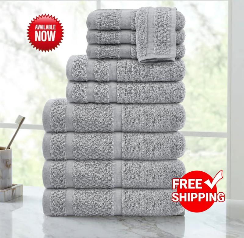 M.a.i.n.s.t.a.y.s. 10 Piece Bath Towel Set with Upgraded Softness & Durability, Gray or White Border Hand Cotton