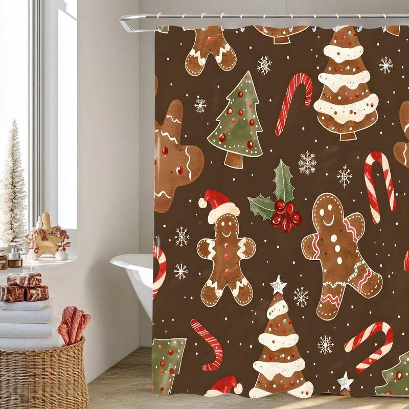 Christmas Themed Shower Curtain Decoration, 1 Count Gingerbread & Christmas Tree Pattern Bathroom Curtain with 12 Hooks, Bathroom Decor Supplies for Home Hotel Salon Dormitory