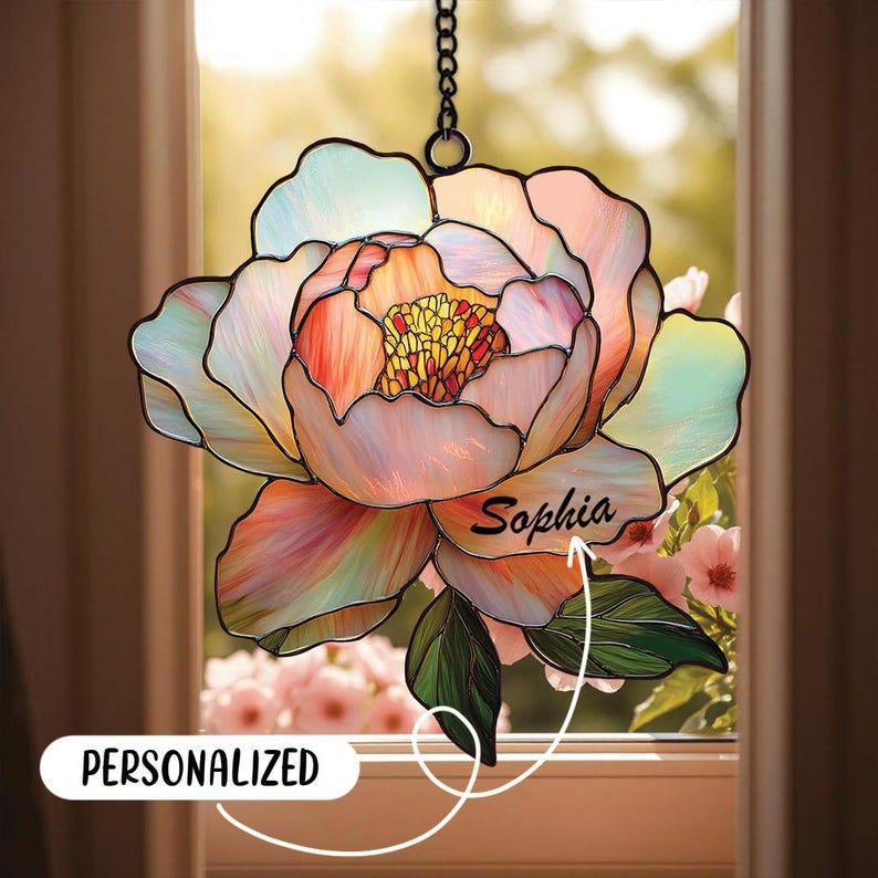 Peony Acrylic Suncatcher Birth Flower Faux Stained Glass Suncatcher Flower Window Hanging Birth Flower Birthday Gift Christmas Gift for Her, Bookish Home Decoration