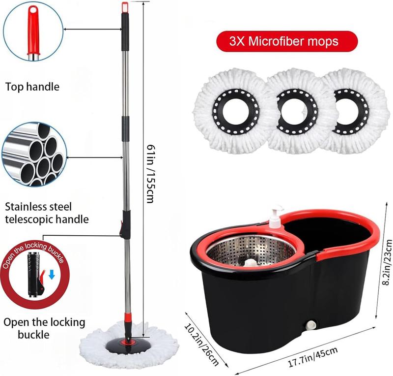 Spin Mop and Bucket with Wringer Set, 360° Spinning Mop Bucket System with 3 Microfiber Mop Replacement Heads, 61