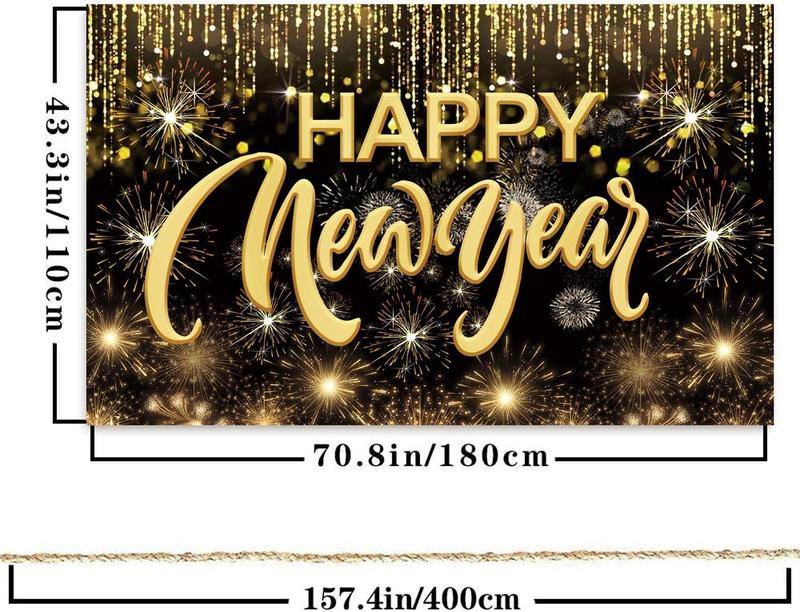 Happy New Year Hanging Extra Large Fabric Sign Poster Background Banner with Firework Pattern for New Year Party Decorations