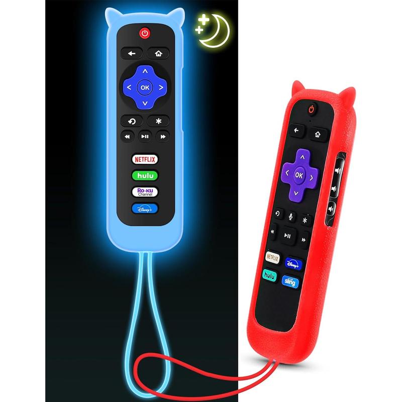 Luminous Remote Control Cover, Remote Case with Lanyard, 2 PCS Cover for Roku Remote with Cat Ears Design, Glow In The Dark Remote Control Case, Silicone Skin Case Fit with Hisense TCL Roku TV, Steaming Stick Express, Universal Replacement Controller.