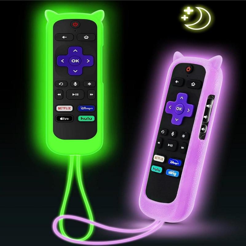 Luminous Remote Control Cover, Remote Case with Lanyard, 2 PCS Cover for Roku Remote with Cat Ears Design, Glow In The Dark Remote Control Case, Silicone Skin Case Fit with Hisense TCL Roku TV, Steaming Stick Express, Universal Replacement Controller.