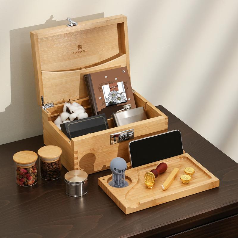 GLENCREAG Stash Box with Rolling Tray, Smell Proof Large Bamboo Storage Box with Lock, Organizer Box Set Includes Glass Jars & Grinder