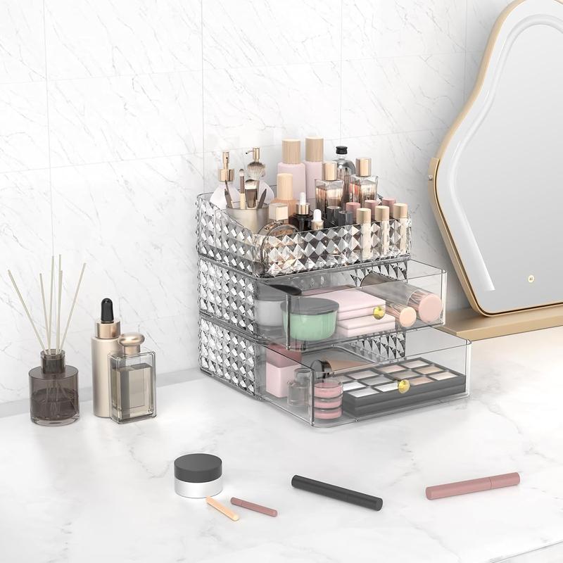 Makeup Organizer, Stackable Cosmetics Organizer and Storage, Cosmetic Display Cases with 2 Drawers and 1 Tray for Makeup Brush, Hair Accessories, Lipstick, Clear