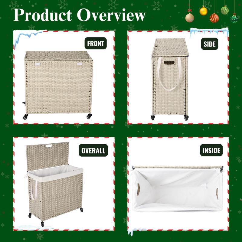 Laundry Hamper With Lid PE Rattan Powder Coating Frame Clothes Hampers with 02 Removable Bags, Wheels, 160L, Gray Color