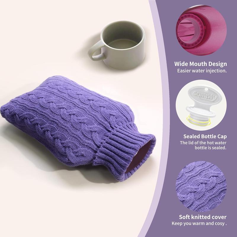 samply Hot Water Bottle with Knitted Cover, 2L Hot Water Bag for Hot and Cold Compress, Hand Feet Warmer, Ideal for Menstrual Cramps, Neck and Shoulder Pain Relief, Purple Cup