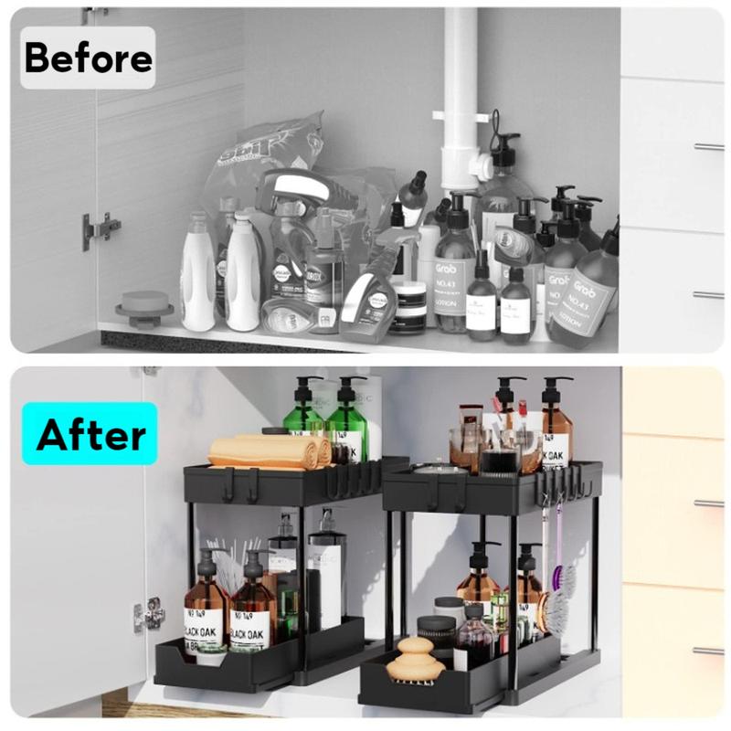 2 PCS Pull-Out Under Sliding Double-Deck Cabinet Organizer, Extractable Under Sink Basket and Storage Rack. Multi-Purpose Under Sink Storage Cabinet with 5 Hooks for Bathroom, Kitchen Essential Racks