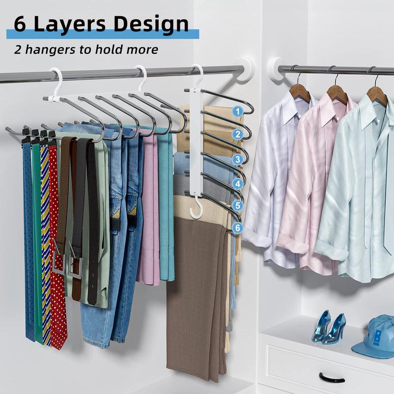 Pants Rack,Multifunctional Stainless Steel Smooth 6 Tier Organiser,Space-Saving,Hangers for Hanging Trouser, Jeans, Scarf, Non-Slip Foldable Hangers