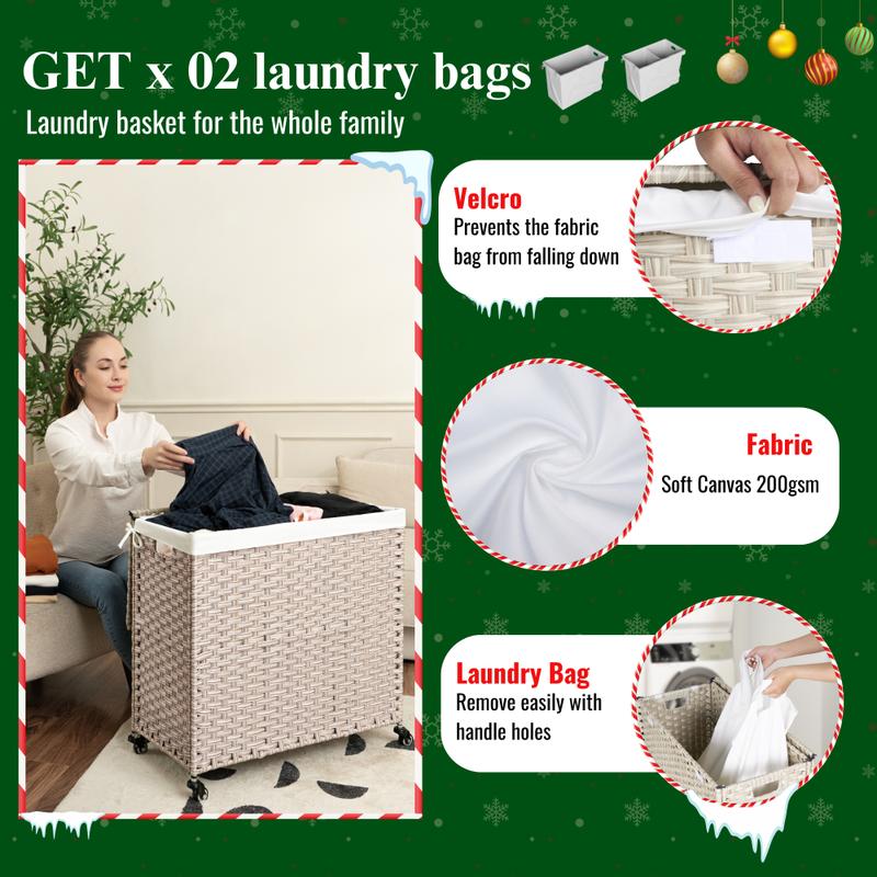 Laundry Hamper With Lid PE Rattan Powder Coating Frame Clothes Hampers with 02 Removable Bags, Wheels, 160L, Gray Color