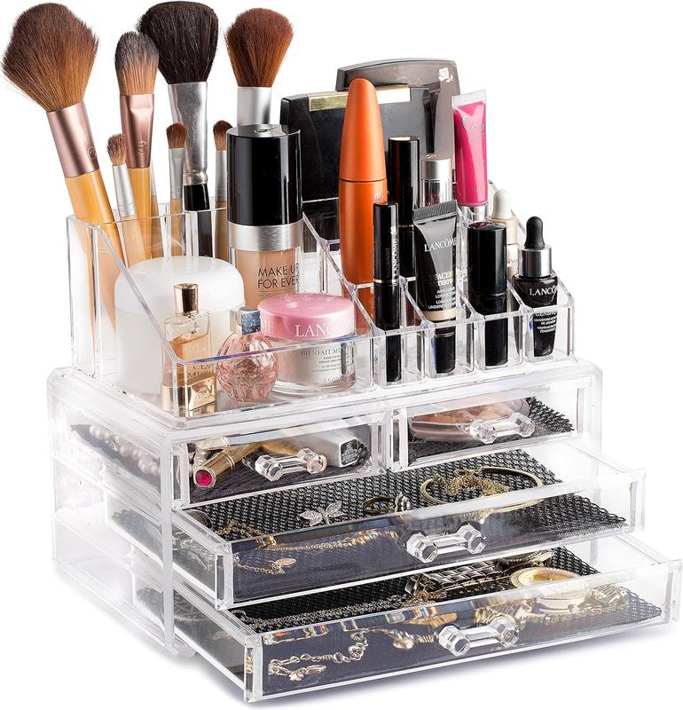 Masisrs Clear Makeup Organizer -  Storage Organizer - 16 Compartments - Easily Sort Make Up &  - 4 Drawer Vanity Organizer - Elegant Look - Transparent Design - Makeup Holder