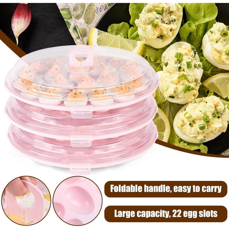 3PCS Deviled Egg Platter with Lid, 11.8in Pink Plastic Egg Keeper and Carrier with 22 Slots for Holidays Parties Home Kitchen