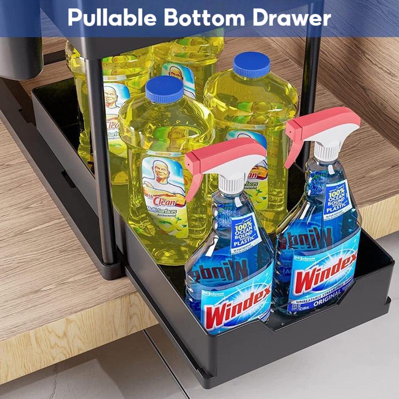 2 PCS Pull-Out Under Sliding Double-Deck Cabinet Organizer, Extractable Under Sink Basket and Storage Rack. Multi-Purpose Under Sink Storage Cabinet with 5 Hooks for Bathroom, Kitchen Essential Racks