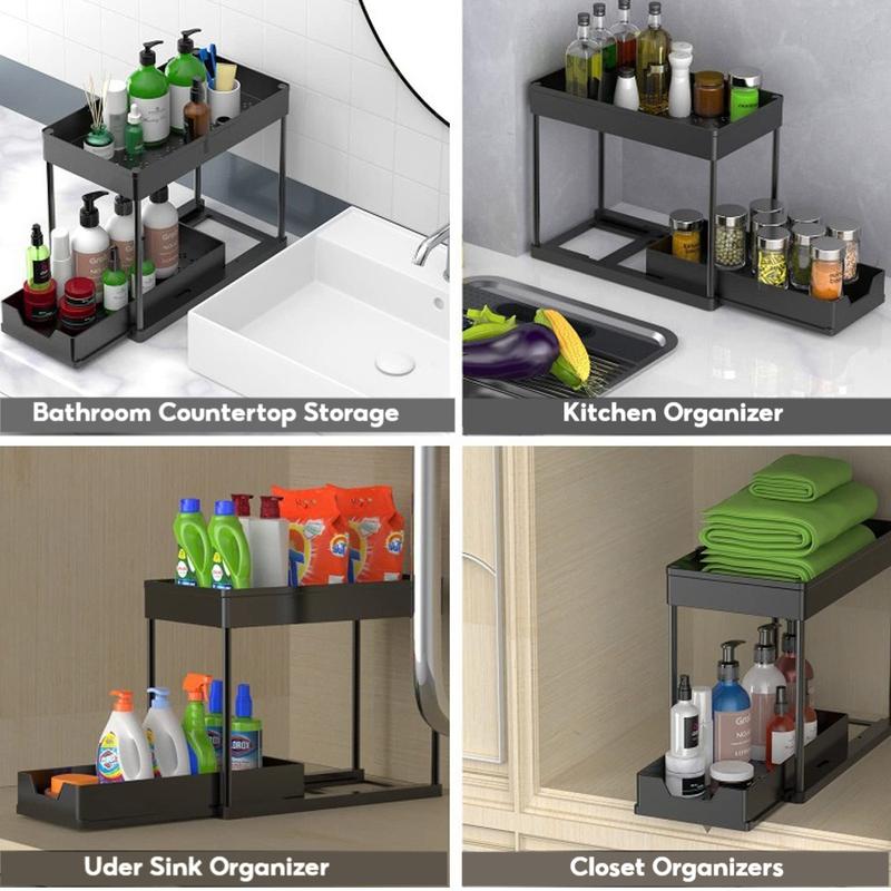 2 PCS Pull-Out Under Sliding Double-Deck Cabinet Organizer, Extractable Under Sink Basket and Storage Rack. Multi-Purpose Under Sink Storage Cabinet with 5 Hooks for Bathroom, Kitchen Essential Racks