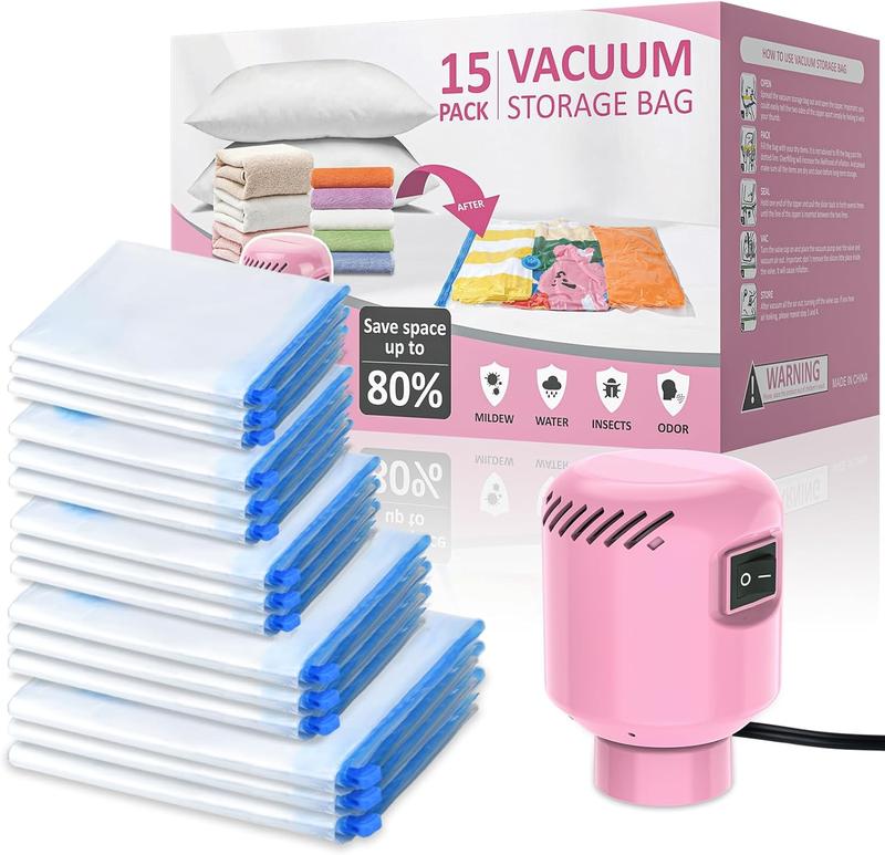 15 Pack Vacuum Storage Bags with Electric Pump, New Air Valve Space Saver Bags (3 Jumbo, 3 Large, 3 Medium, 3 Small, 3 Roll Up Bags) Travel Vacuum Bags Vacuum Seal Bags for Clothes, Bedding,Duvets