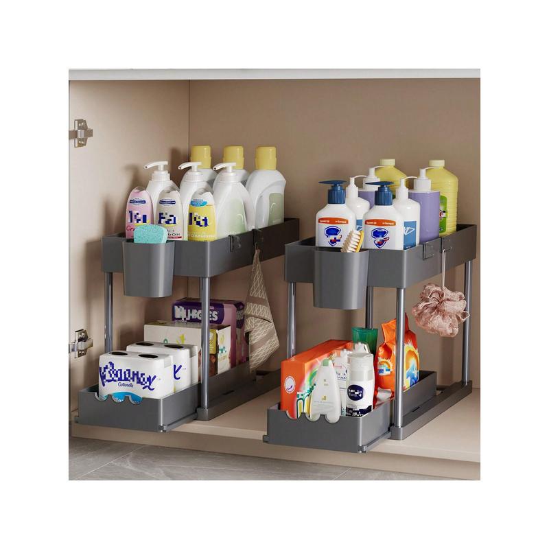 2Pcs 2-Tier Sliding Cabinet Organizer, Multifunctional Drawer Pull Type Under Sink Rack, Double-Layer Sink Organizer, Under Sink Storage Shelf, Bathroom Kitchenin Under Sink Organizers And Storage, Kitchen Bathroom Accessories