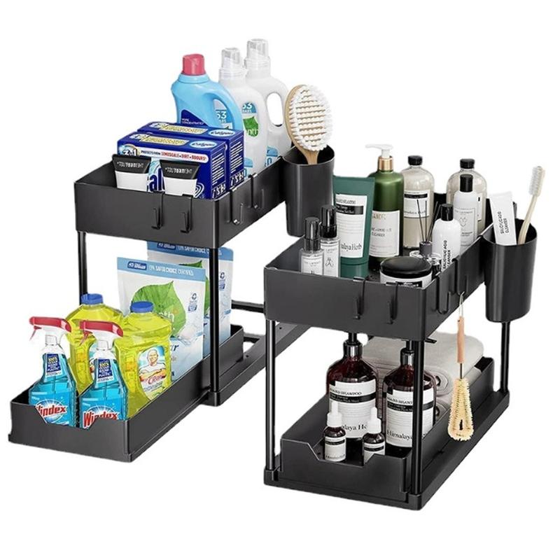 2 PCS Pull-Out Under Sliding Double-Deck Cabinet Organizer, Extractable Under Sink Basket and Storage Rack. Multi-Purpose Under Sink Storage Cabinet with 5 Hooks for Bathroom, Kitchen Essential Racks