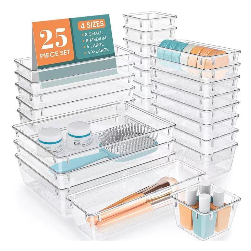 Drawer Organizer, 25pcs set Clear Makeup Brush Nail Polish Skincare Storage Box with Drawer Divider, Desktop Storage Organizer for Home Office Bathroom