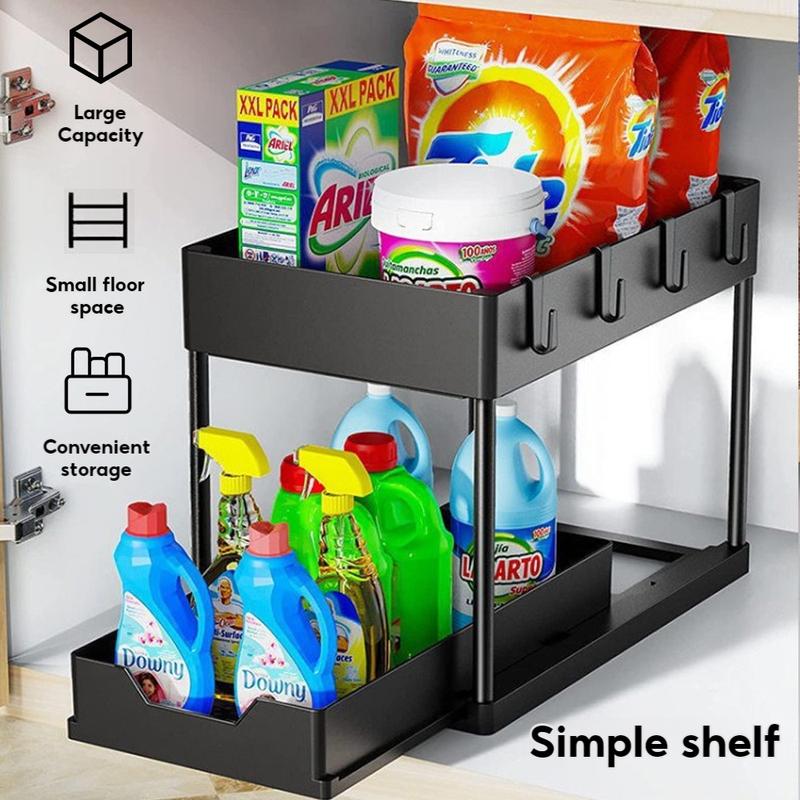 2 PCS Pull-Out Under Sliding Double-Deck Cabinet Organizer, Extractable Under Sink Basket and Storage Rack. Multi-Purpose Under Sink Storage Cabinet with 5 Hooks for Bathroom, Kitchen Essential Racks