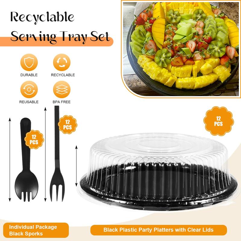 6 Pack Heavy Duty Serving Tray with Clear Lid and Sporks, Large Plastic Tray with Elegant Platter Round Black Disposable for Fruit Sandwich Party Takeout Food