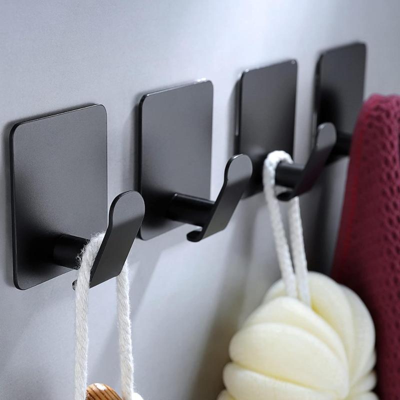 Adhesive Hooks - Black Towel Hooks 4 Packs Coat Robe Hooks Stainless Steel Wall Hooks Rustproof and Oil Proof for Kitchen Bathroom-Black Organiser Waterproof