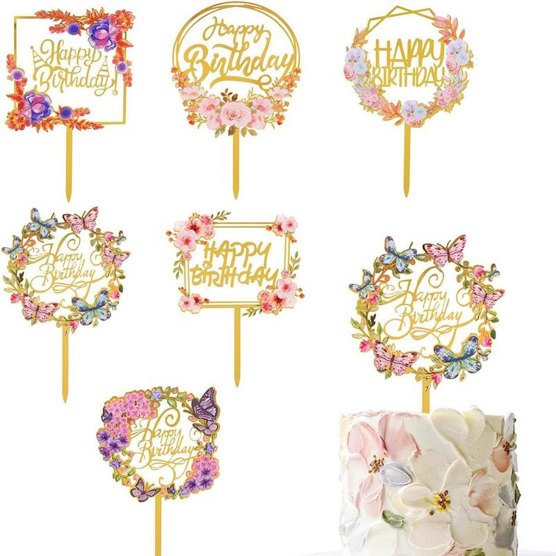 Happy Birthday Cake Topper, 6 Counts Flower & Butterfly Decor Cake Topper, Dessert Cake Decoration Supplies for Birthday Party