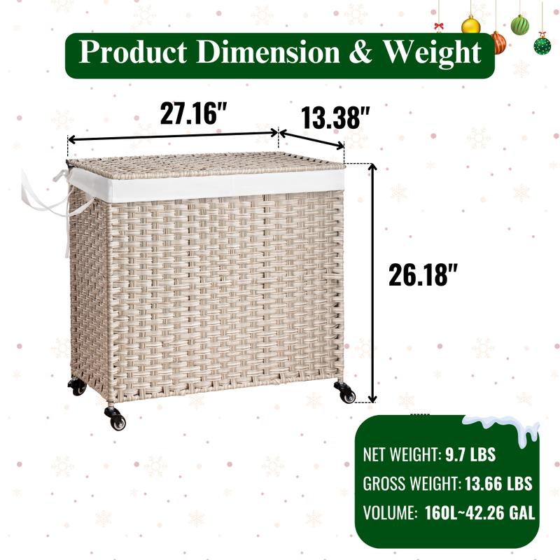 Laundry Hamper With Lid PE Rattan Powder Coating Frame Clothes Hampers with 02 Removable Bags, Wheels, 160L, Gray Color