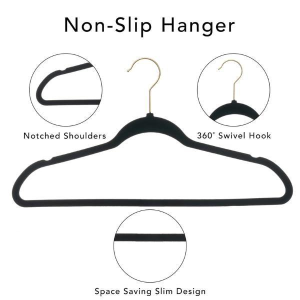 Non-Slip Velvet Clothing Hangers, 30 Pack, Black, Space Saving