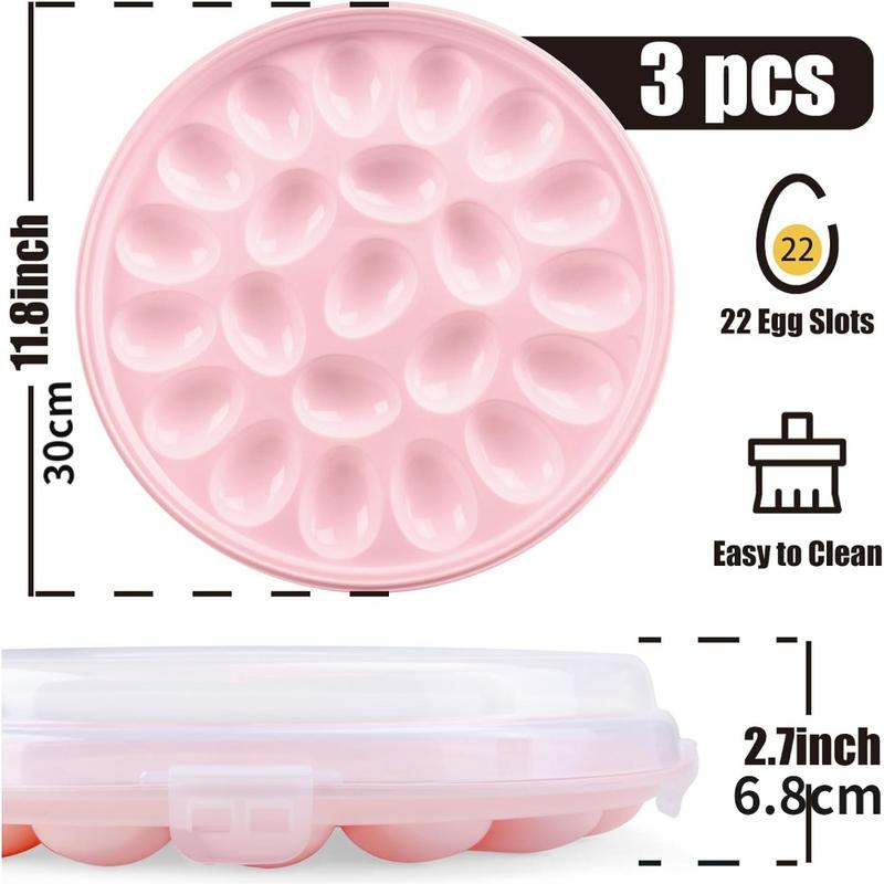 3PCS Deviled Egg Platter with Lid, 11.8in Pink Plastic Egg Keeper and Carrier with 22 Slots for Holidays Parties Home Kitchen