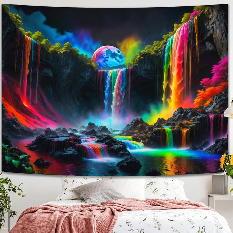 Blacklight Fantasy Waterfall Planet Tapestry UV Reactive Nature Tapestry Neon Landscape Mountain Wave Tapestry Wall Hanging