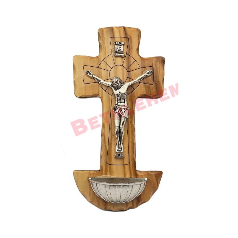 Olive Wood Cross, Wall Crucifix with Holy Water Holder