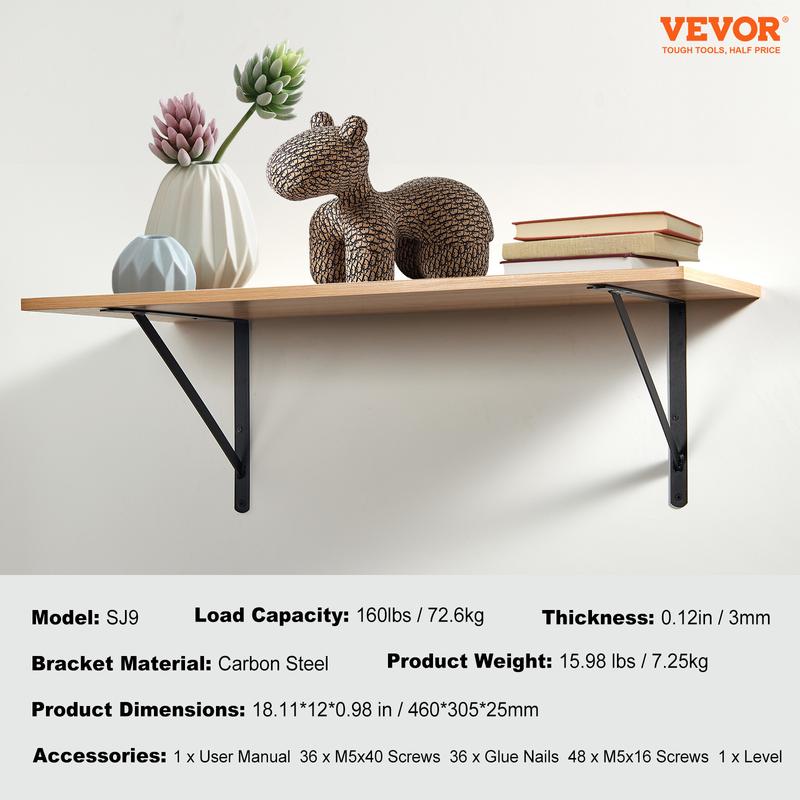 VEVOR Shelf Bracket, 18 x 12 in 12 Pcs, Heavy Duty Floating Shelf Brackets, Brackets for Shelves, 3mm Thick Matte Black Triangle Shelf Bracket,Steel Shelving Brackets with 160 lbs Load Capacity Installation Decor