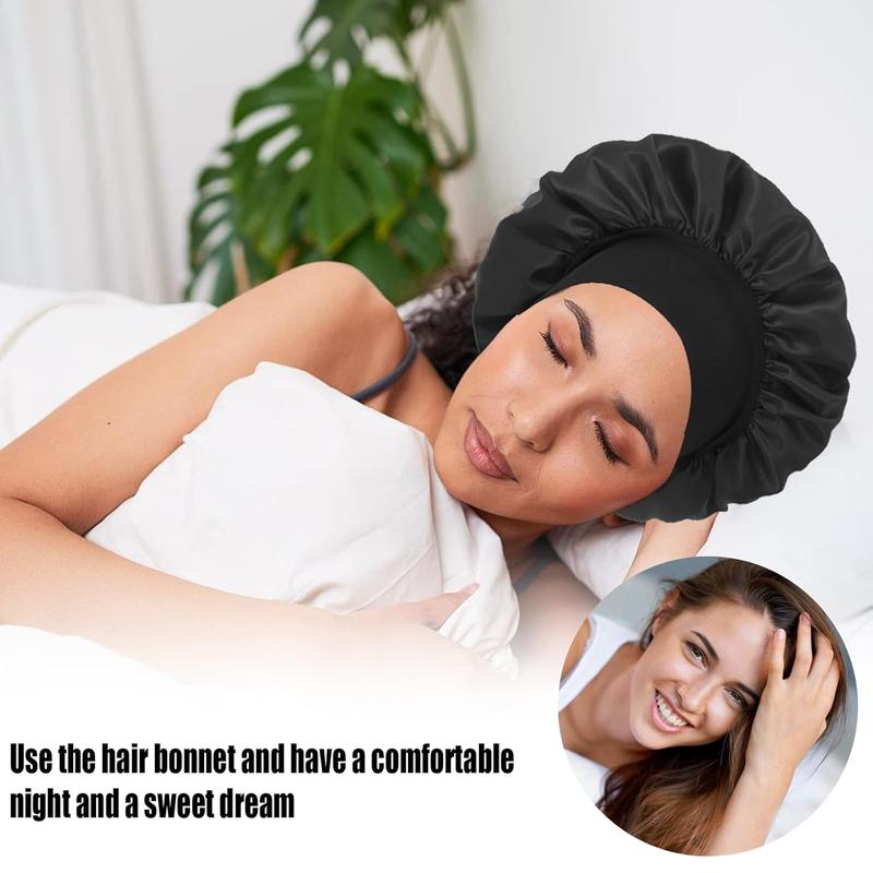 4 count Silk Satin Bonnets for Sleeping - Elastic Wide Band Silk Hair wrap Bonnets for Sleeping Black Women Men,Silk Bonnets for Curly Hair,Large Hair Cap for Sleeping (Black+ Red+Purple+Brown)