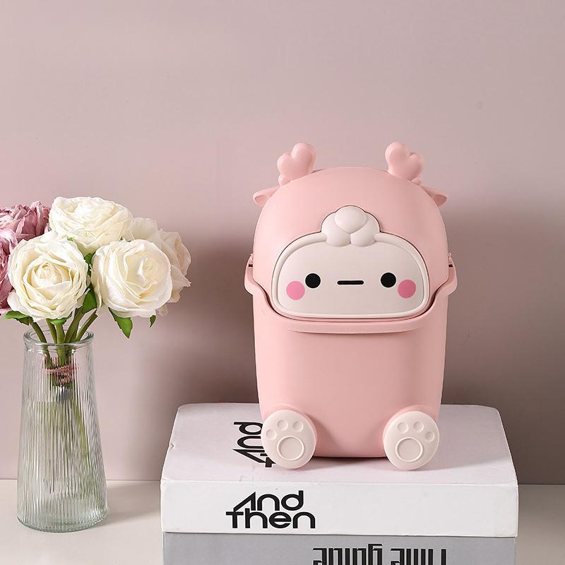 Cute Cartoon Design Desktop Trash Can, 1 Count Mini Trash Can with Lid, Waste Basket for Home, Office, Kitchen, Bedroom, Bathroom