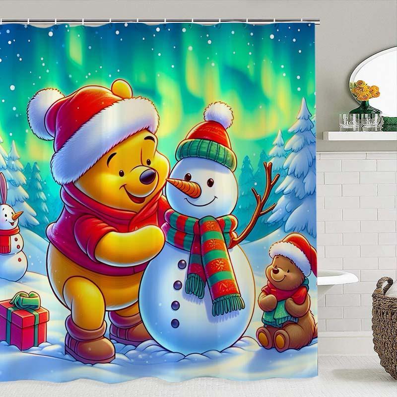 Winnie The Pooh & Snowman Pattern Shower Curtain, 1 Count Waterproof Bathroom Curtain with Hooks, Bathroom Decor Supplies for Home Hotel Salon