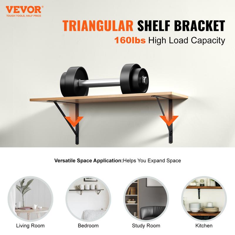 VEVOR Shelf Bracket, 18 x 12 in 12 Pcs, Heavy Duty Floating Shelf Brackets, Brackets for Shelves, 3mm Thick Matte Black Triangle Shelf Bracket,Steel Shelving Brackets with 160 lbs Load Capacity Installation Decor