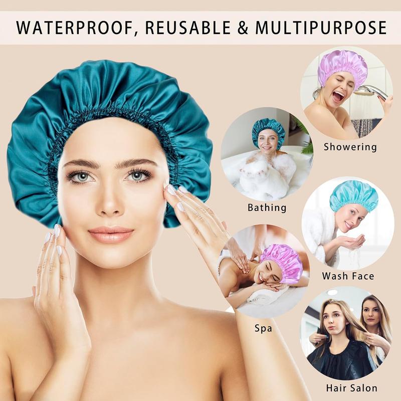 Shower Caps for Women, 4 Elastic and Reusable Bath Caps, Double Waterproof Layers Shower Cap, Bathing Shower Caps, Environmental Protection Hair Bath Hat - Solid Color