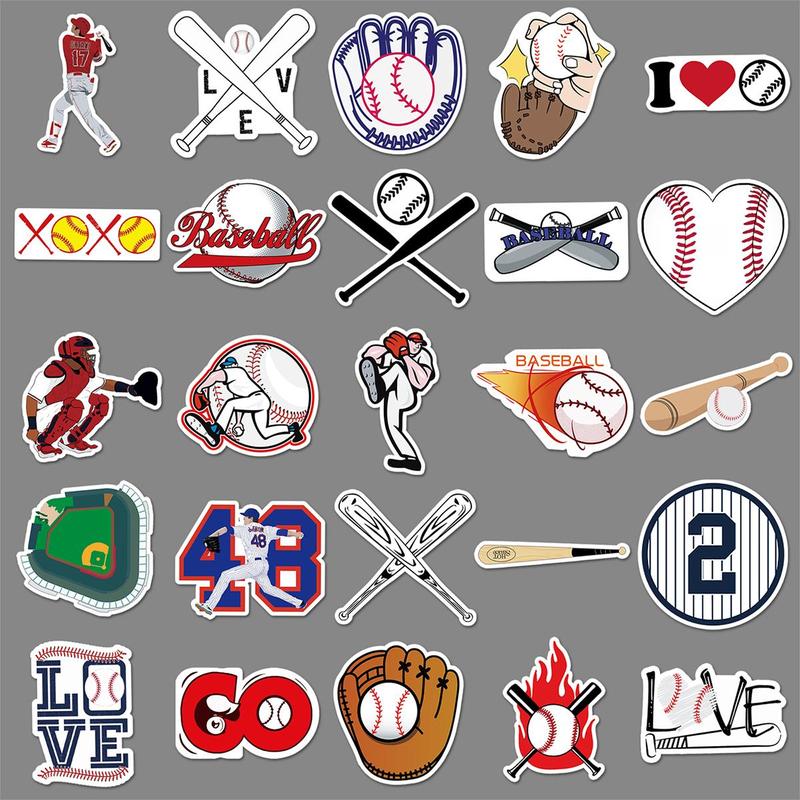 50pcs Random Baseball Pattern Sticker, Waterproof Self Adhesive Decor Paper, Decor Sticker for Gift Greeting Card Water Bottle Laptop Phone